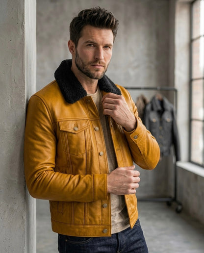 Men's Black Shearling Collar Leather Jacket
