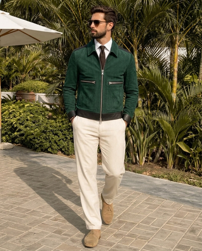 Men's Green Suede Bomber Jacket with Black Leather Trim