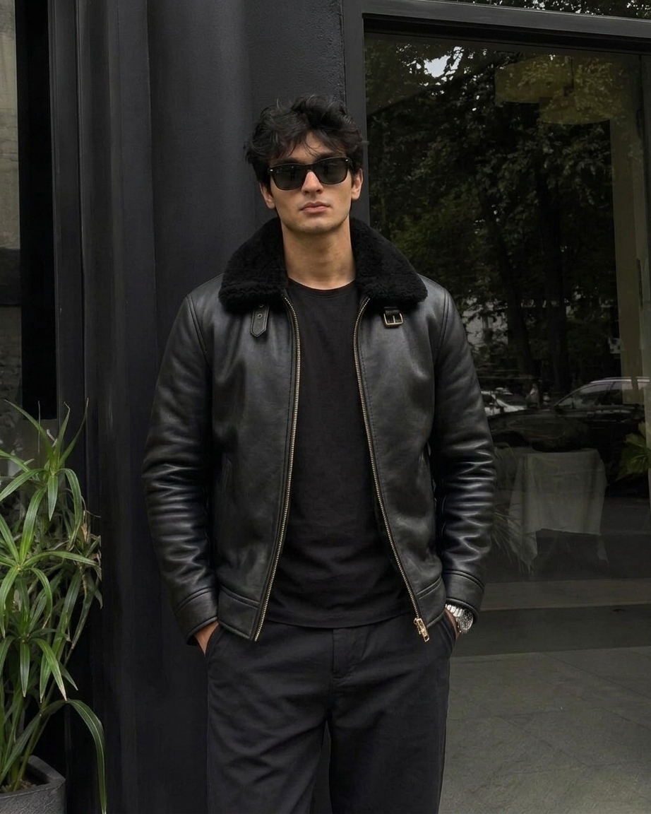 Men's Black Shearling Collar Leather Jacket