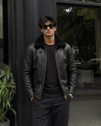 Men's Black Shearling Collar Leather Jacket