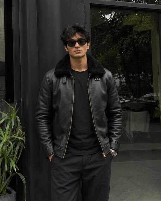 Men's Black Shearling Collar Leather Jacket
