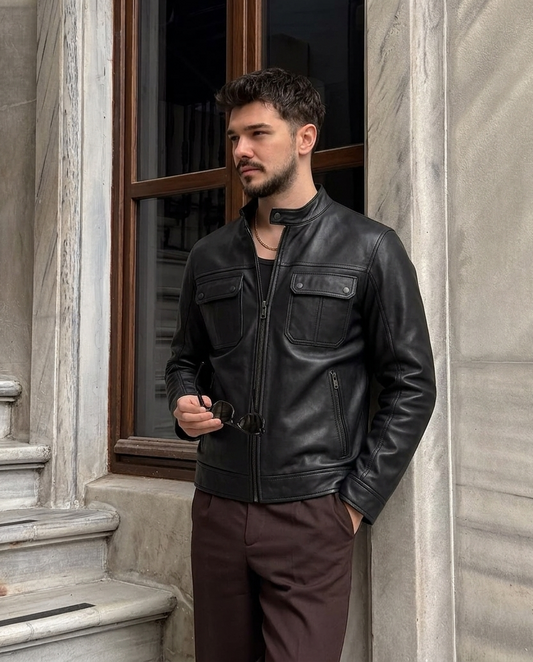 Men's Black Leather Utility Jacket