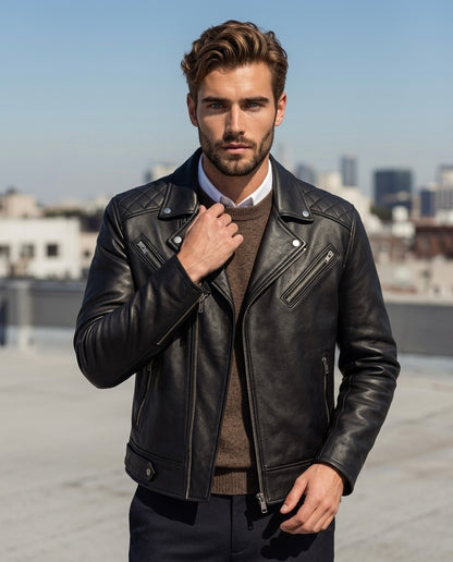 Men's Black Quilted Leather Biker Jacket