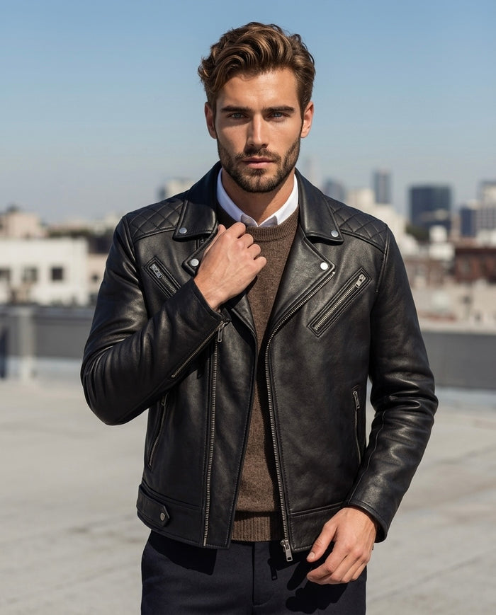 Men's Black Quilted Leather Biker Jacket