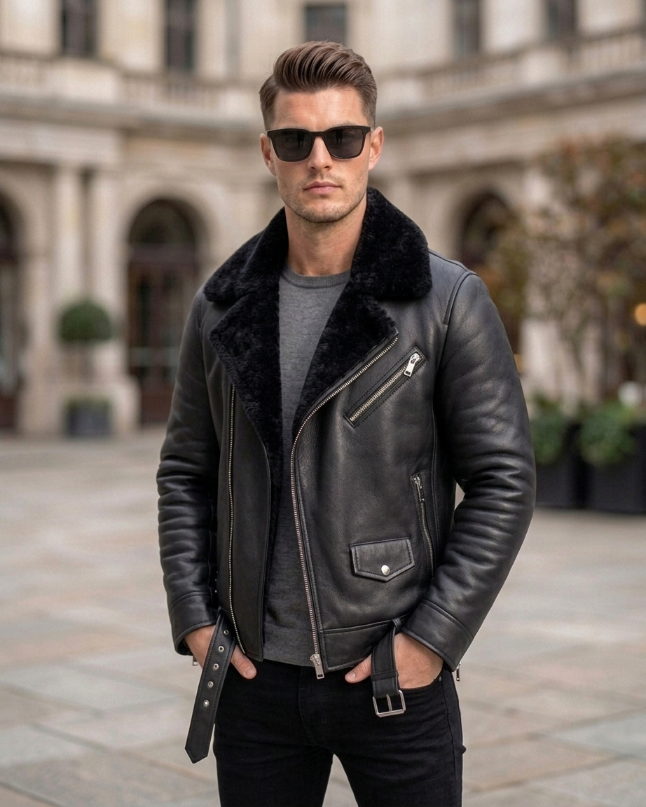 Men's Classic Black Shearling-Lined Aviator Leather Jacket