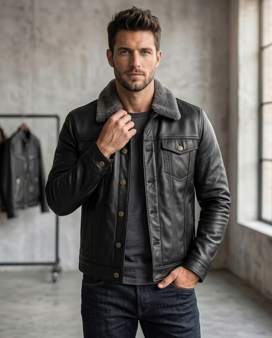 Men's Black Shearling Collar Leather Jacket