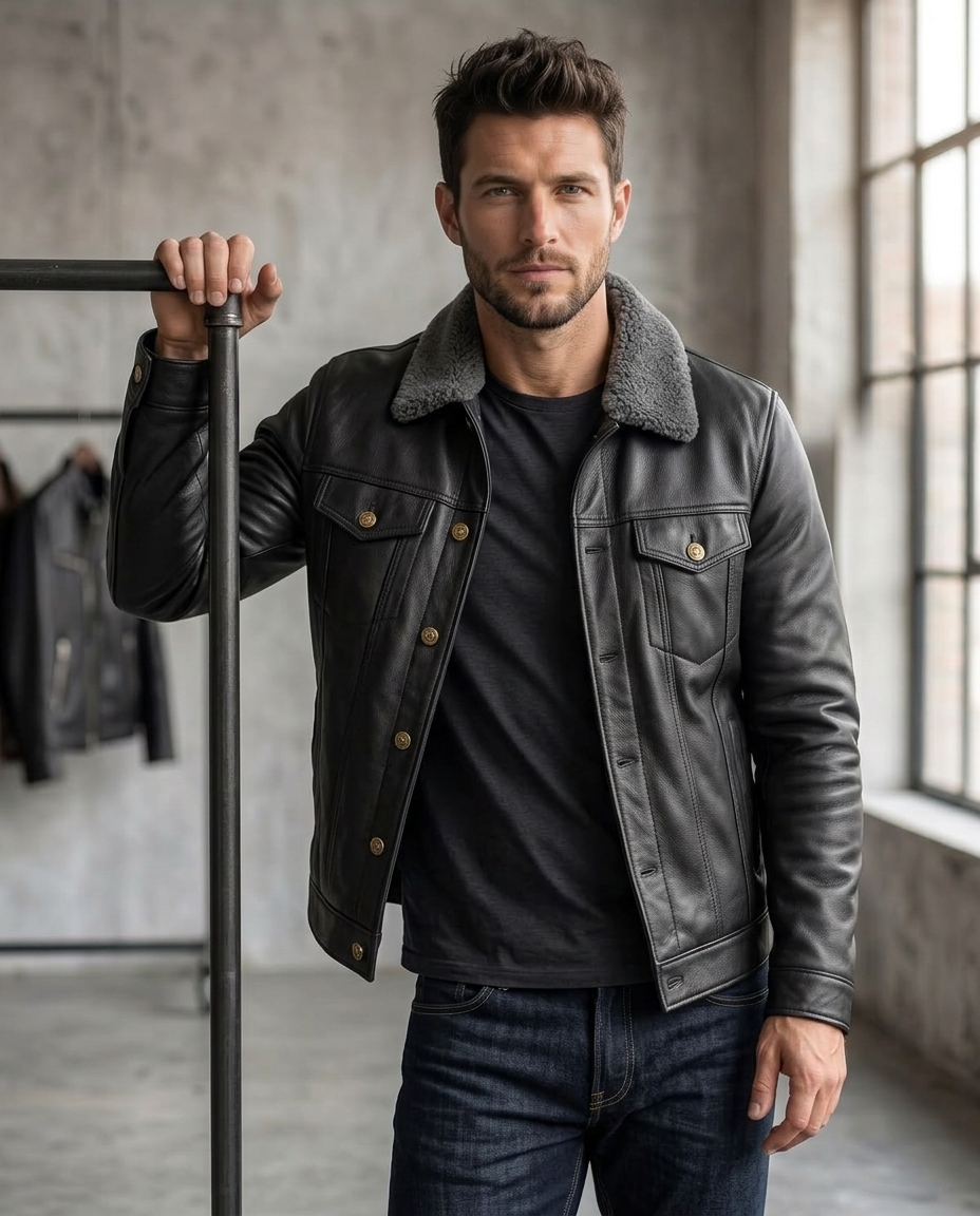 Men's Black Shearling Collar Leather Jacket