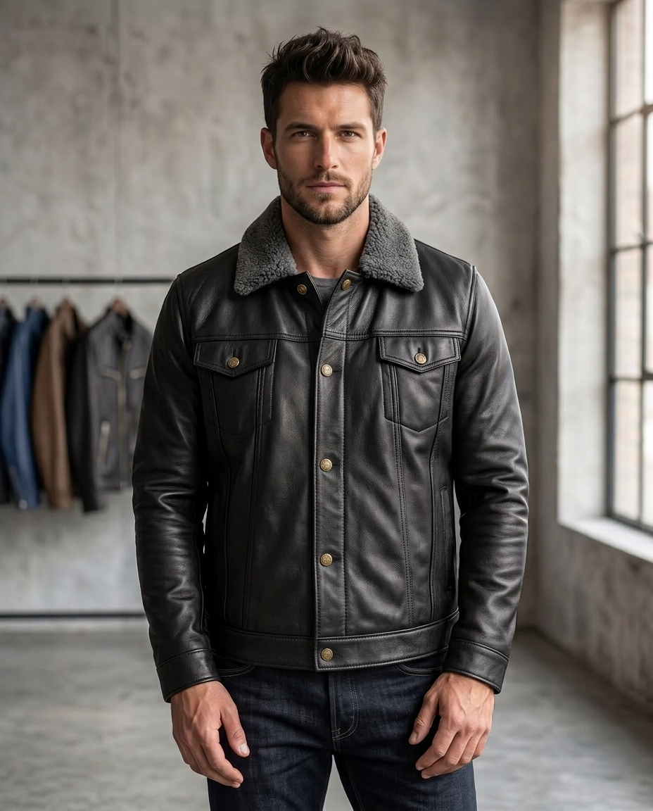 Men's Black Shearling Collar Leather Jacket