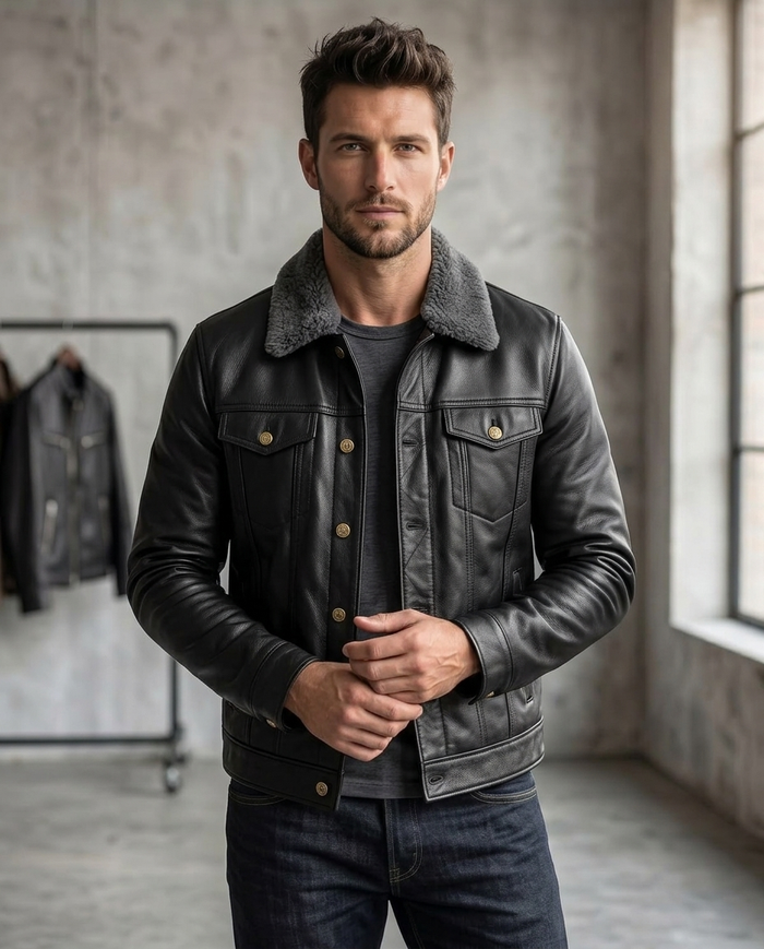 Men's Black Shearling Collar Leather Jacket