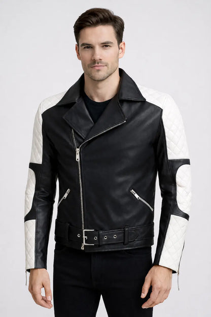 Two-Tone Quilted Biker Leather Jacket for Men – Black & White Custom Leathers