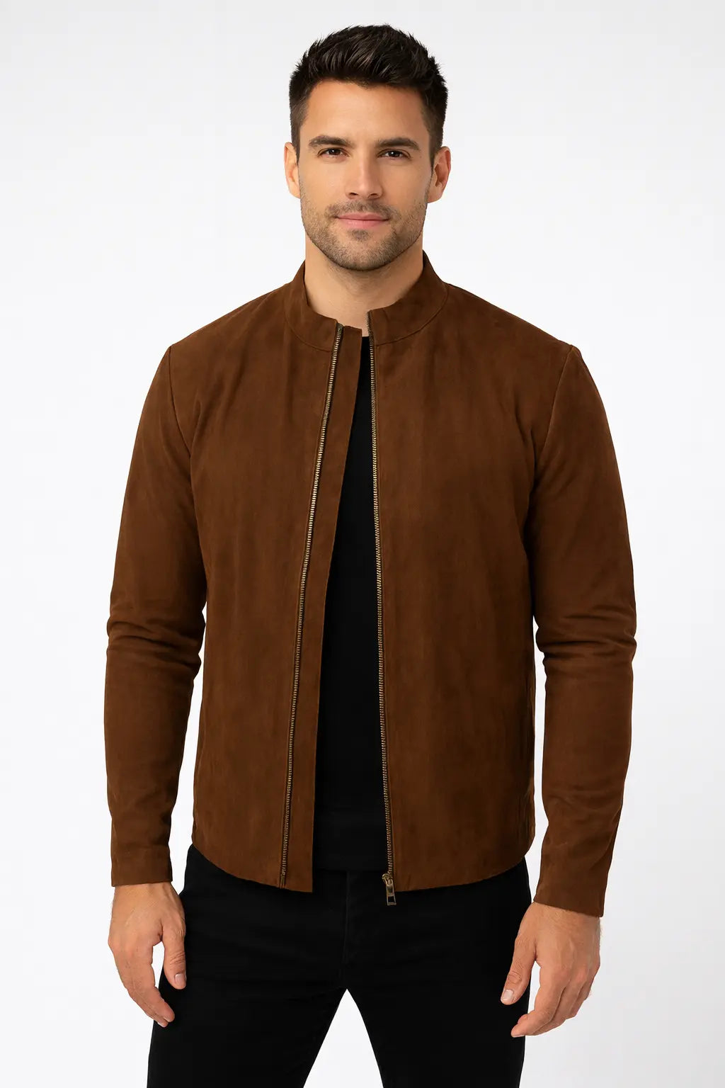 Men's Classic Brown Suede Leather Jacket – Minimalist Stand Collar Design Custom Leathers