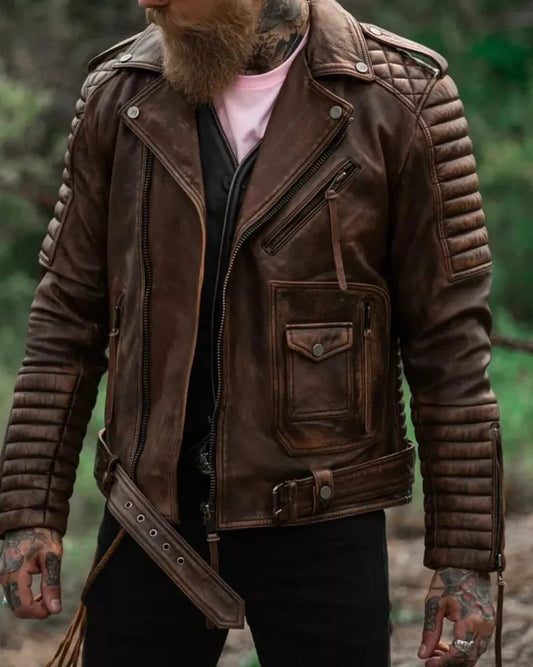 Men's Vintage Brown Distressed Leather Biker Jacket