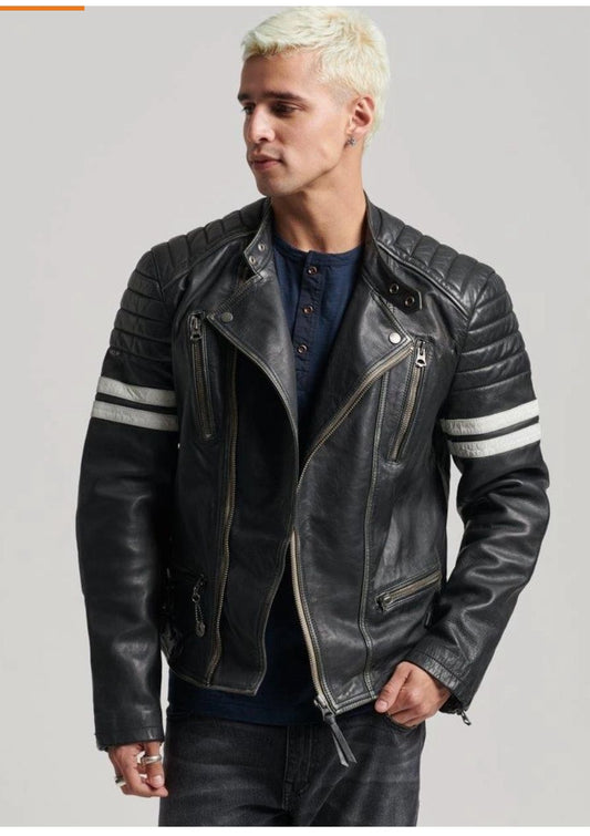 Men's Black Leather Biker Jacket with Quilted Shoulders & Striped Sleeves