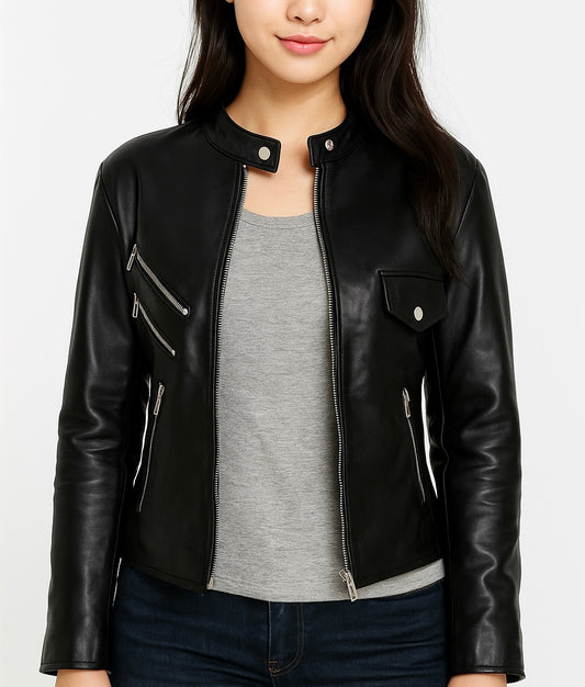 Women's Black Faux Leather Moto Jacket with Zipper