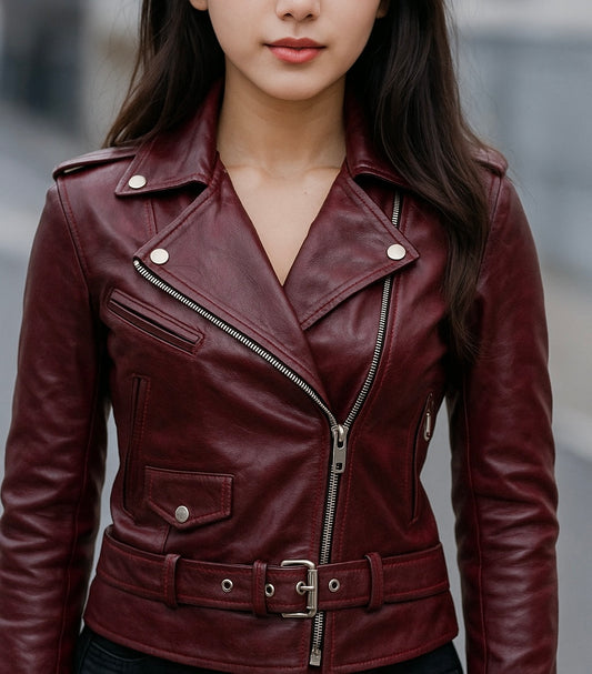 Women's Burgundy Faux Leather Biker Jacket with Belt