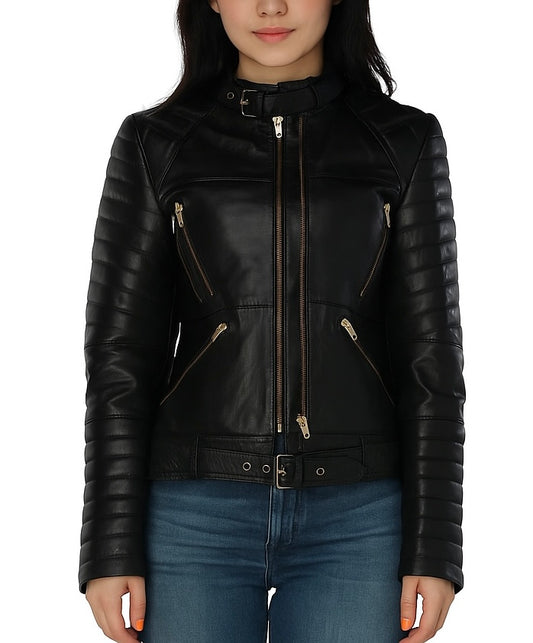 Women's Black Quilted Faux Leather Jacket with Belt