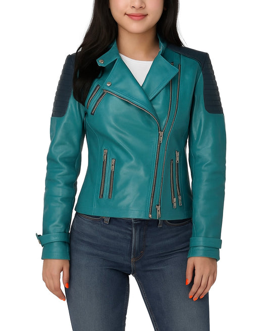 Women's Teal Faux Leather Biker Jacket with Quilted Shoulders