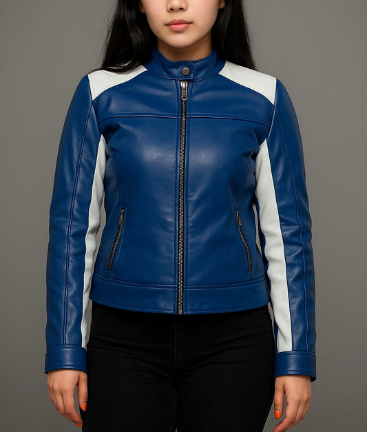 Women's Blue and White Faux Leather Racer Jacket