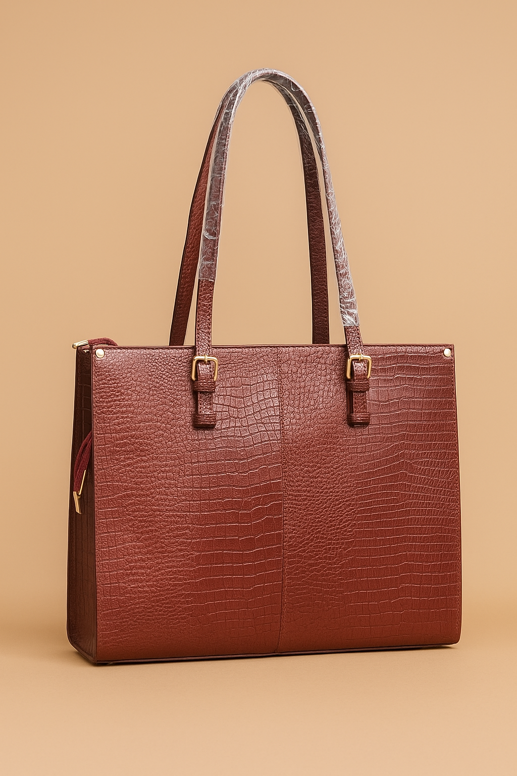 Wine Red Croc-Textured Tote Bag