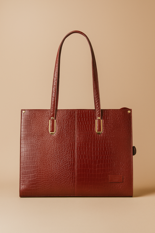 Wine Red Croc-Textured Tote Bag