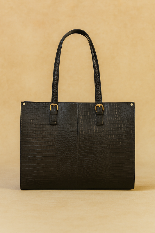 Classic Black Croc-Textured Tote Bag
