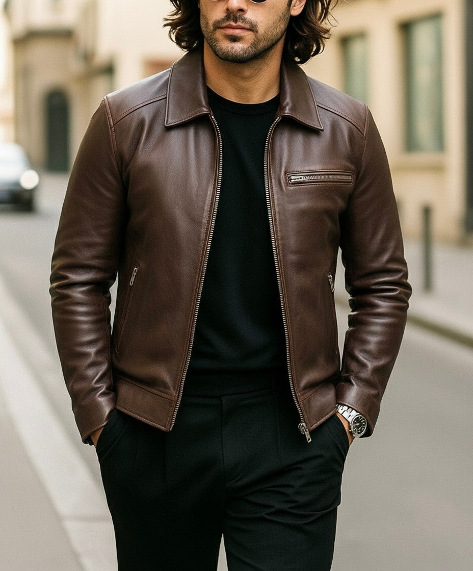 Men's Green Leather Jacket with Zipper Pockets