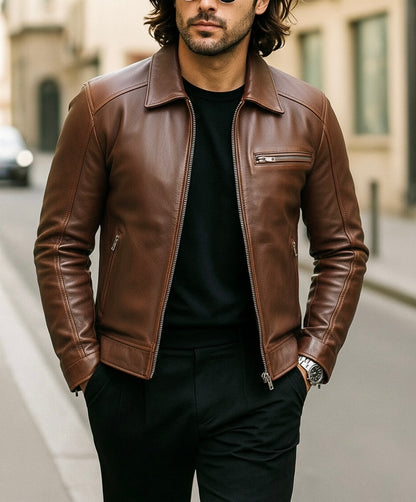 Men's Green Leather Jacket with Zipper Pockets