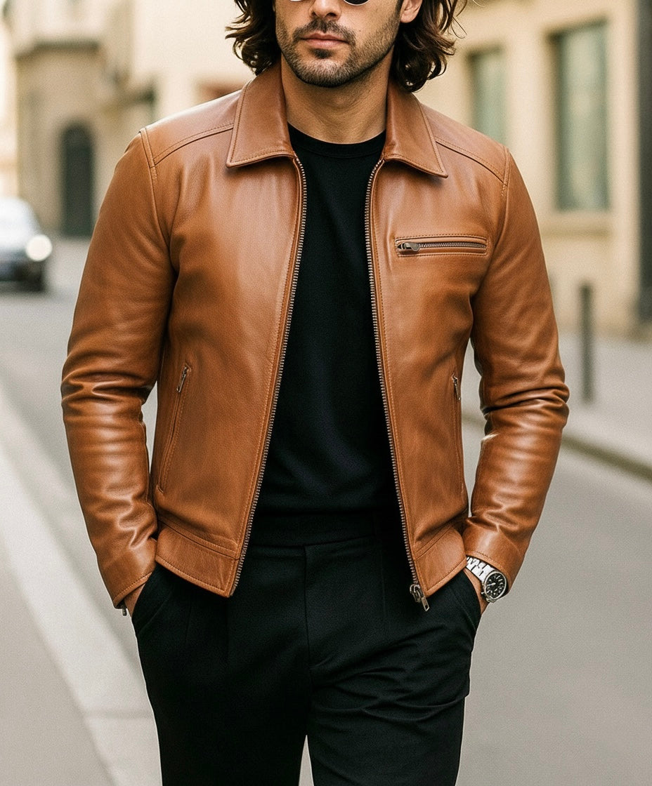 Men's Green Leather Jacket with Zipper Pockets