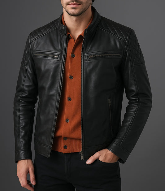 Men's Black Quilted Shoulder Leather Jacket