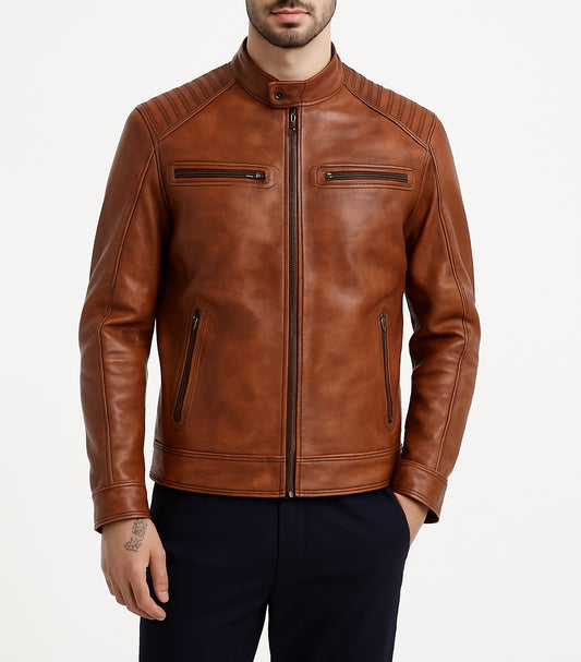 Men's Tan Leather Cafe Racer Jacket