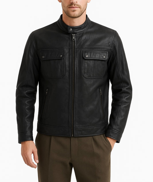 Men's Black Leather Utility Jacket