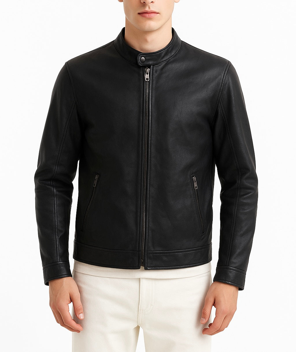 Men's Black Leather Cafe Racer Jacket