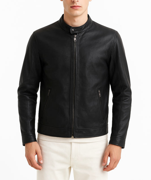 Men's Black Leather Cafe Racer Jacket