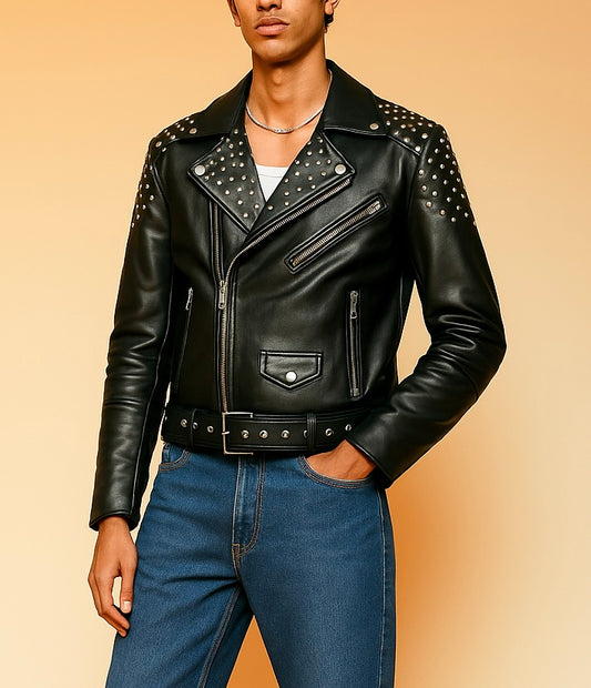 Men's Black Studded Leather Biker Jacket