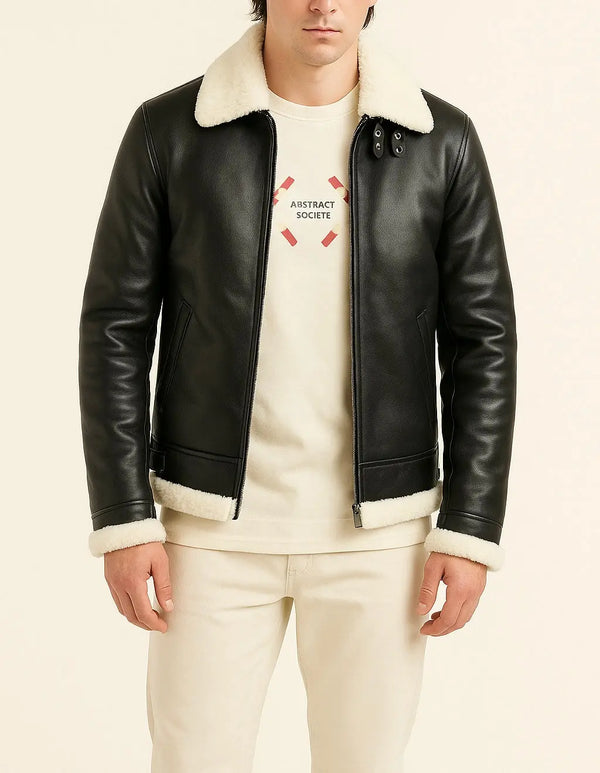 Men's Black Leather Shearling Collar Jacket Custom Leathers