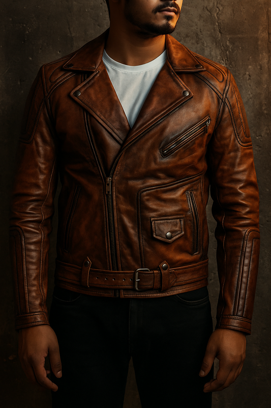 Men's Distressed Brown Leather Biker Jacket