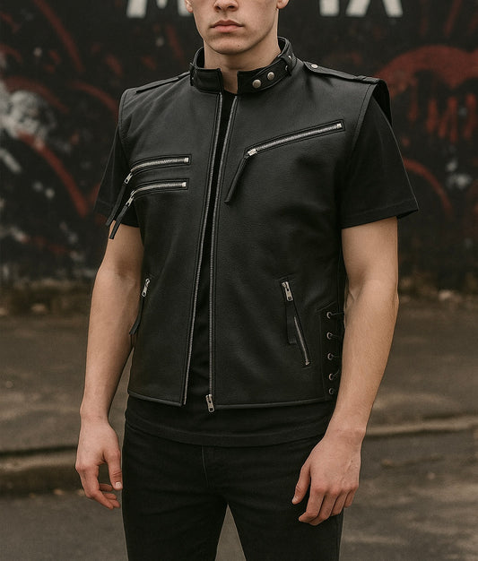 Men's Black Leather Sleeveless Biker Jacket
