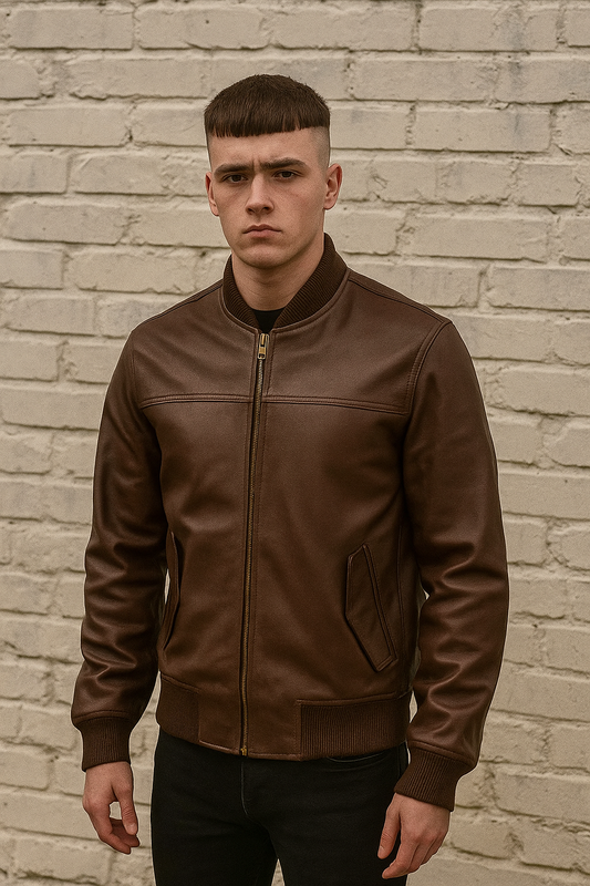 Men's Brown Leather Bomber Jacket
