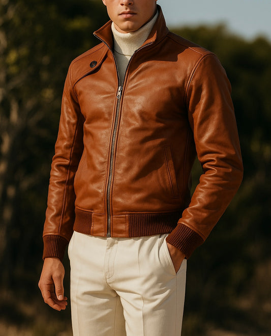Men's Cognac Brown Leather Bomber Jacket