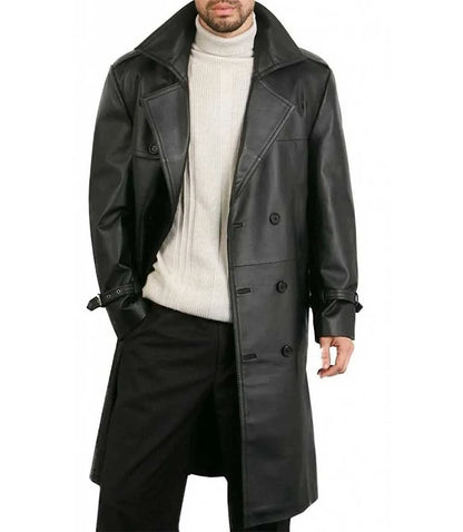 Men Belted Double Breasted Black Leather Trench Coat