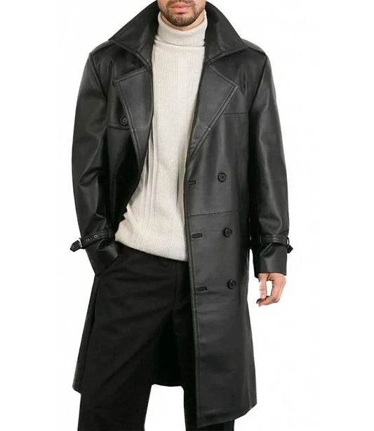 Men Belted Double Breasted Black Leather Trench Coat