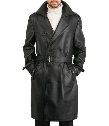 Men Belted Double Breasted Black Leather Trench Coat