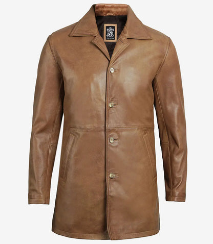 Men Real Leather Camel Brown 3 4 Length Car Coat