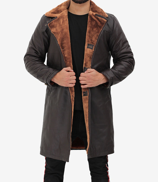 Turlock Men Dark Brown 3/4 Vintage Shearling Long Coat