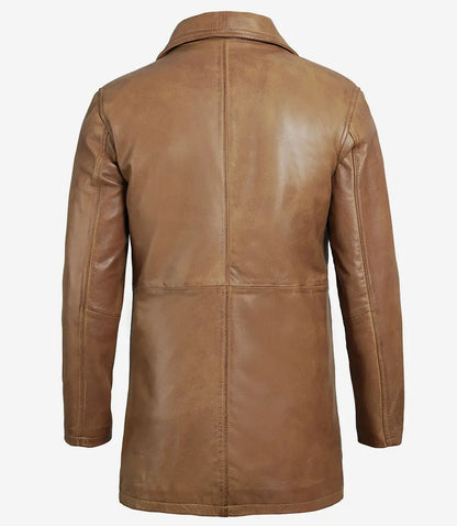 Men Real Leather Camel Brown 3 4 Length Car Coat