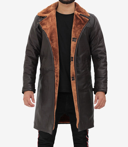 Turlock Men Dark Brown 3/4 Vintage Shearling Long Coat