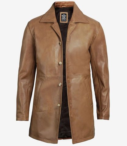 Men Real Leather Camel Brown 3 4 Length Car Coat