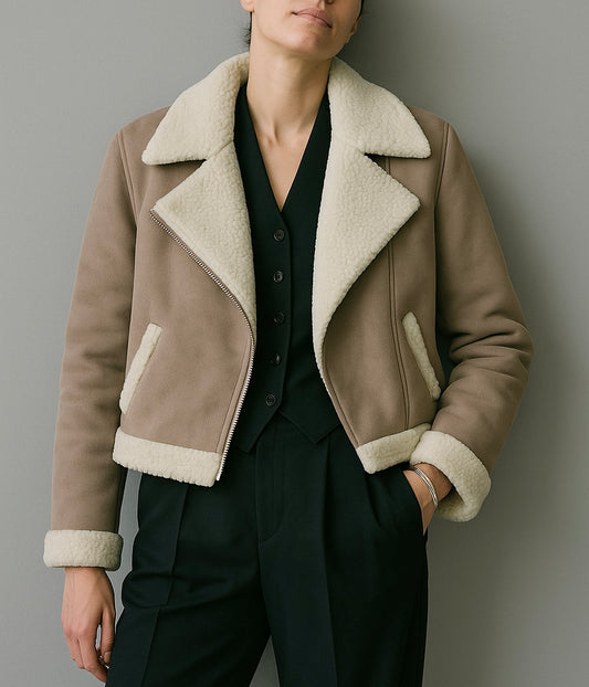 Women’s Taupe Shearling-Style Moto Jacket