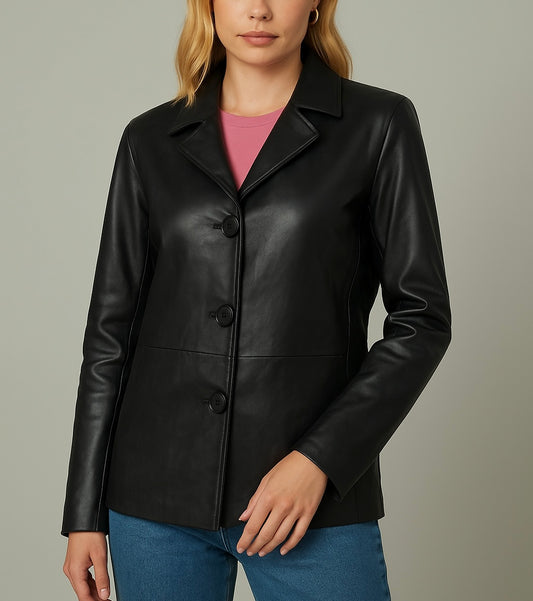 Women’s Classic Black Leather Blazer Jacket