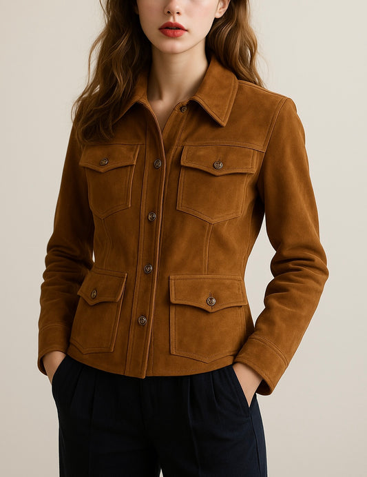 Women’s Camel Suede Utility Leather Jacket
